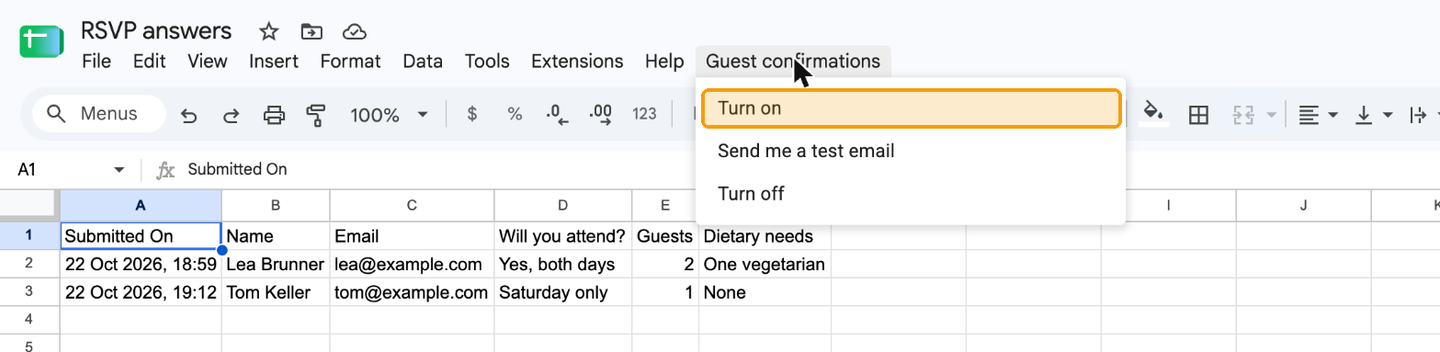 The spreadsheet with the Guest confirmations menu open, showing Turn on, Send me a test email and Turn off