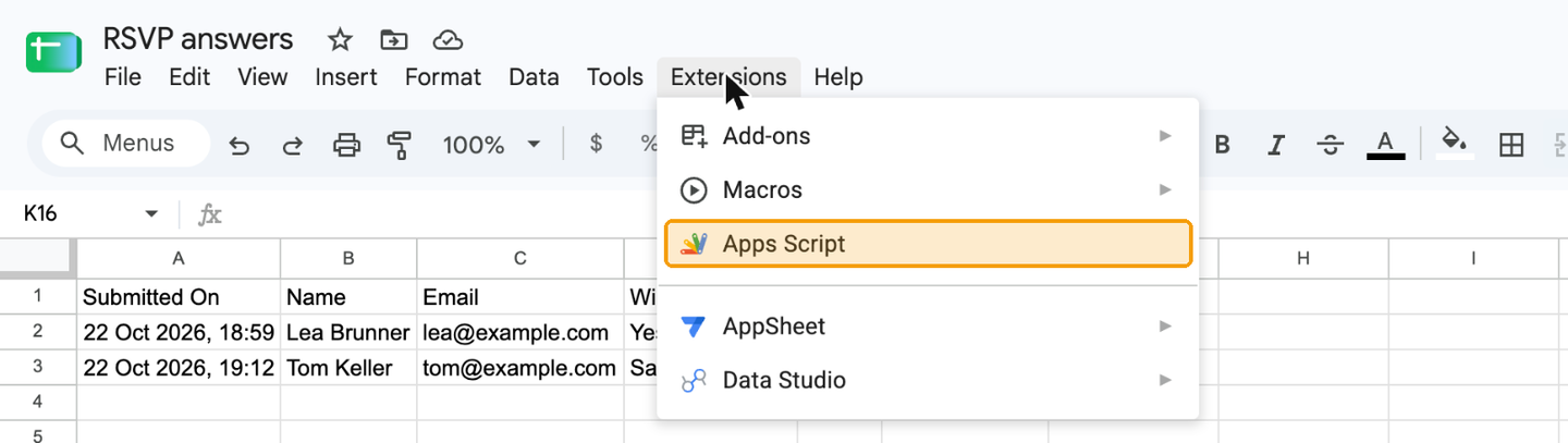 Google Sheets with the Extensions menu open and Apps Script highlighted