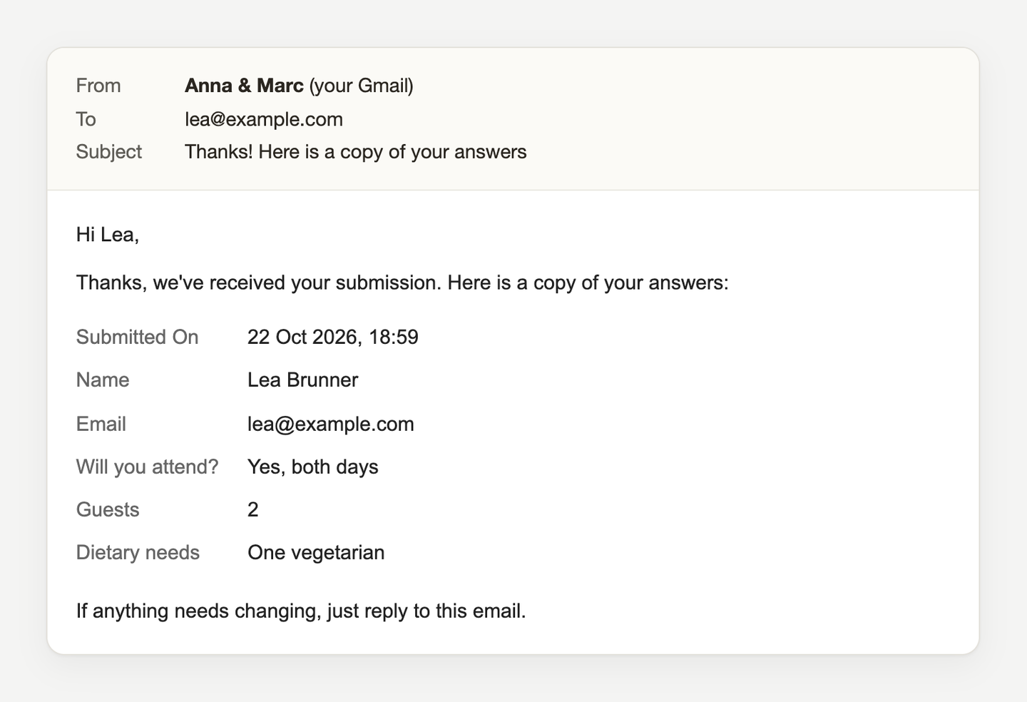 An example email: Hi Lea, thanks, we've received your submission, followed by each question and her answer