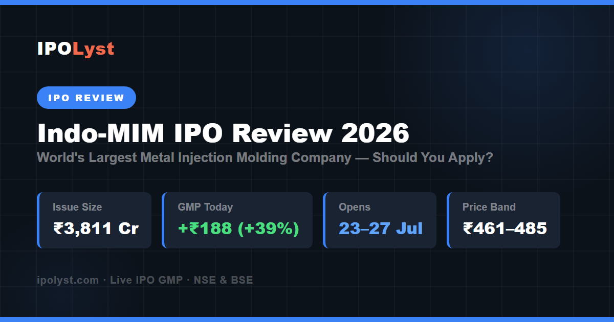 Indo-MIM IPO 2026 review — ₹3,811 Cr Mainboard IPO, GMP +₹188 (+39%), opens July 23-27, world's largest MIM company, apply or avoid verdict by IPOLyst