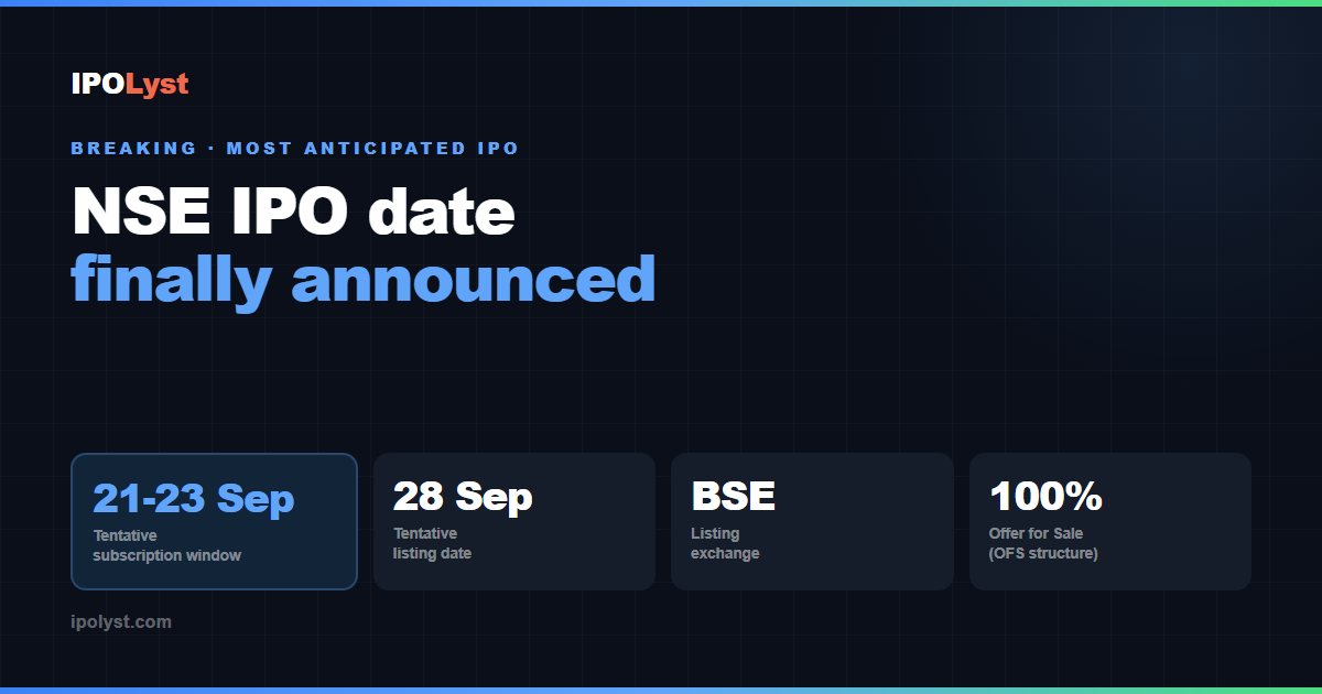 NSE IPO date announced: tentative timeline opens 21 September, closes 23 September, lists 28 September 2026 on BSE, 100% Offer for Sale structure.