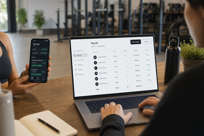 Boutique studio instructor checking real-time earnings on the Vibefam app, a tiered pay rule applied automatically based on class member count, with the studio owner running a one-click payroll export on a laptop alongside.
