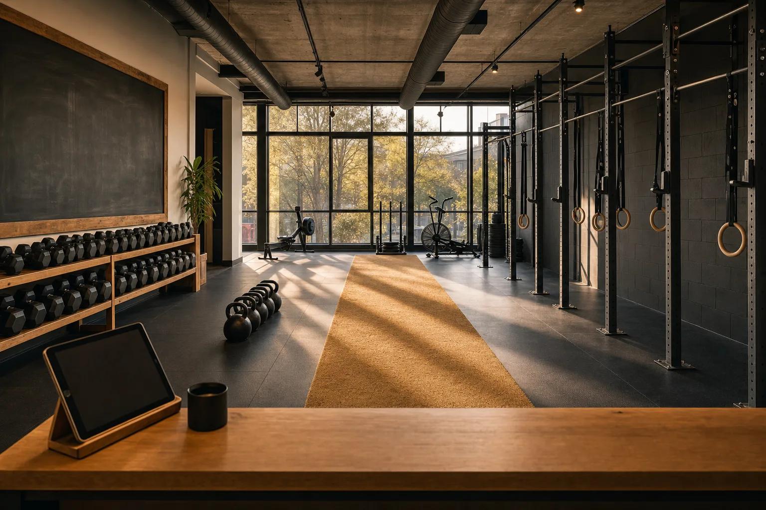 Boutique functional gym interior from the coach's perspective: turf strip, matte-black rig with rings, dumbbell rack, kettlebells, warm afternoon light through industrial windows, no people