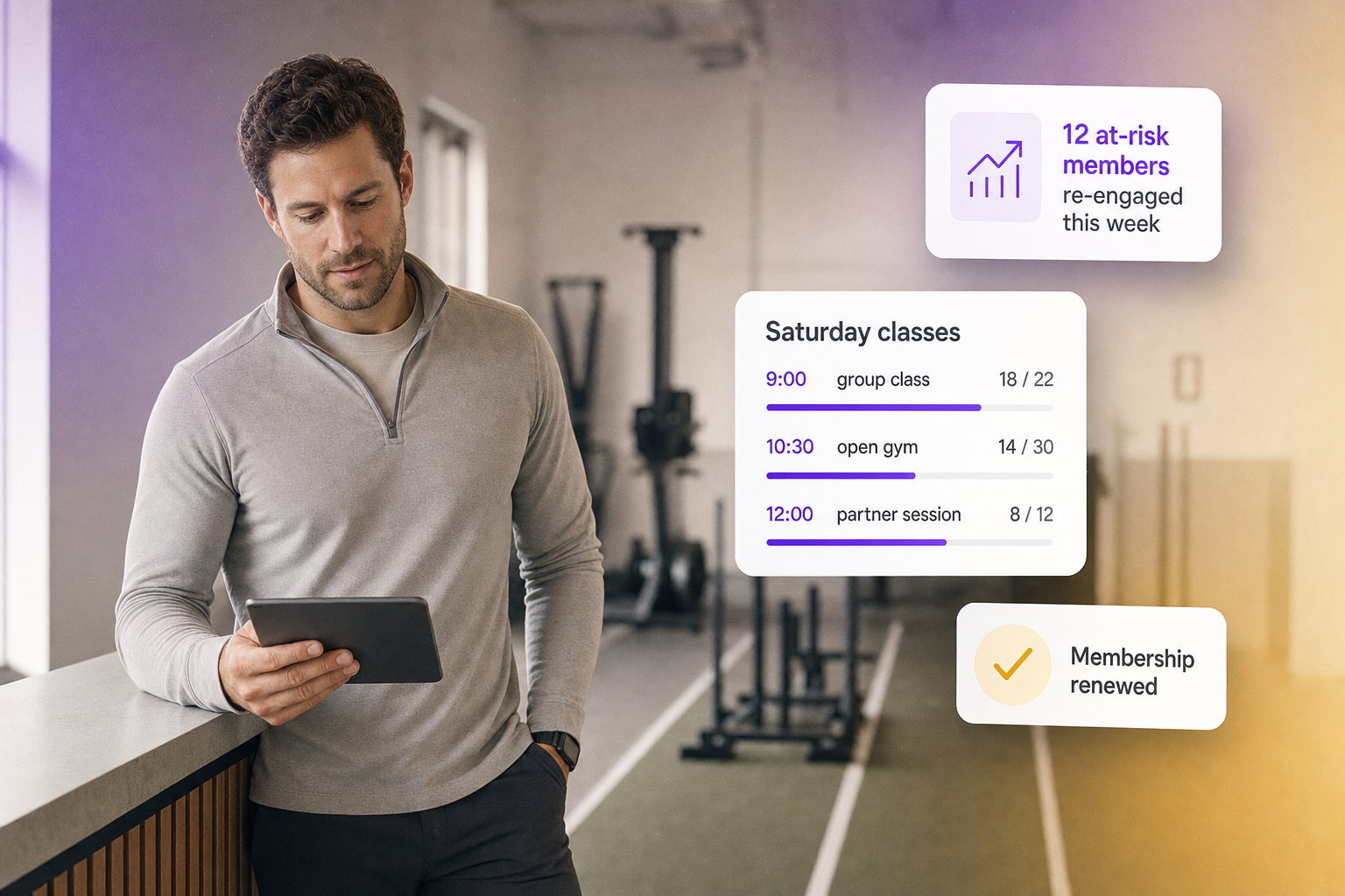 Boutique Hyrox-style gym owner at reception counter with floating Vibefam class schedule, AI retention, and member renewal cards