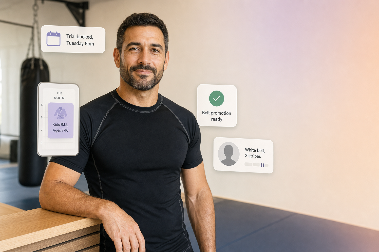 Martial arts studio owner at front-desk counter with floating UI cards showing trial booking, kids BJJ class, belt promotion, and member profile