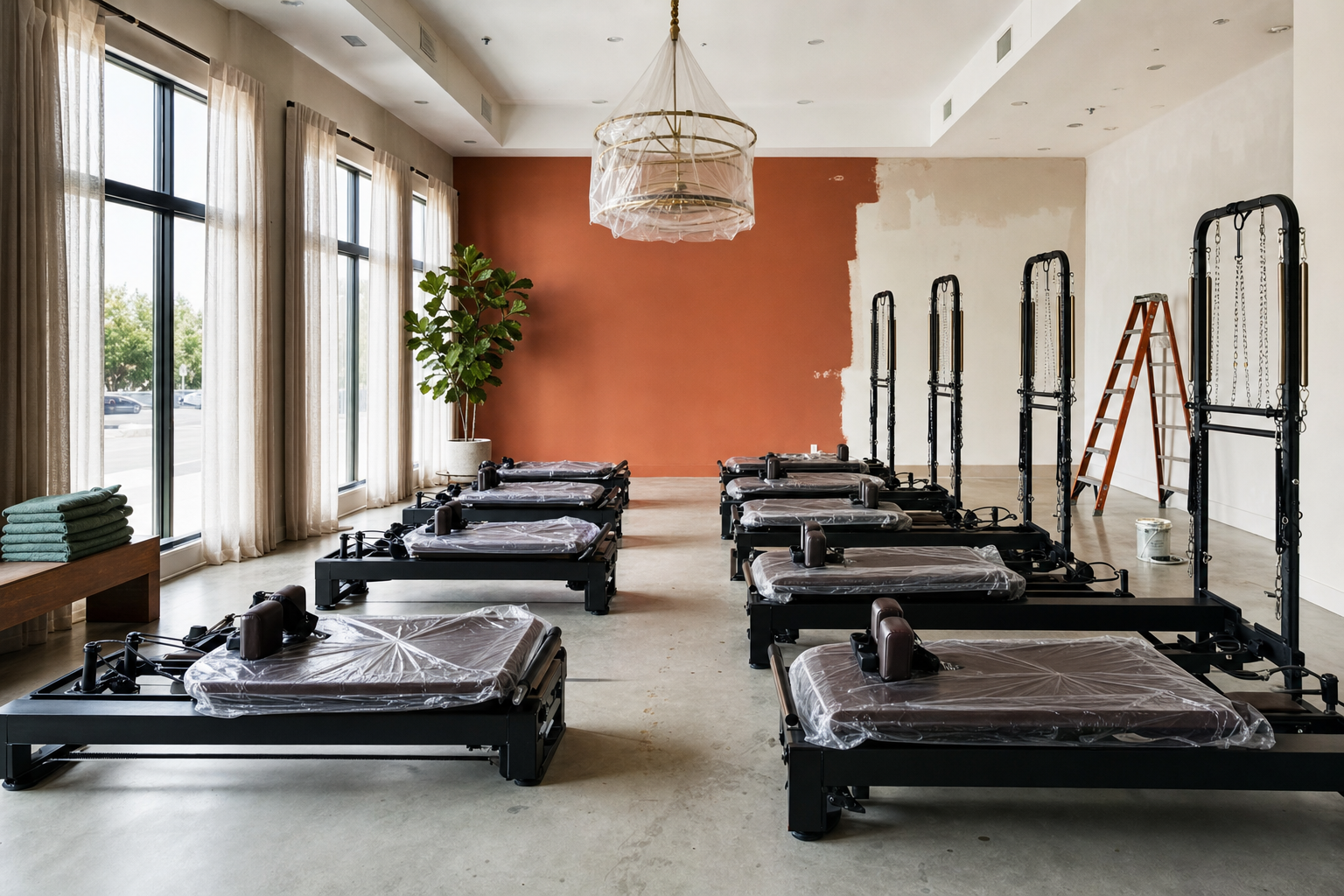 Empty premium boutique Reformer Pilates studio under renovation in the US, with 10 espresso-and-matte-black Reformers and terracotta accent wall, no humans