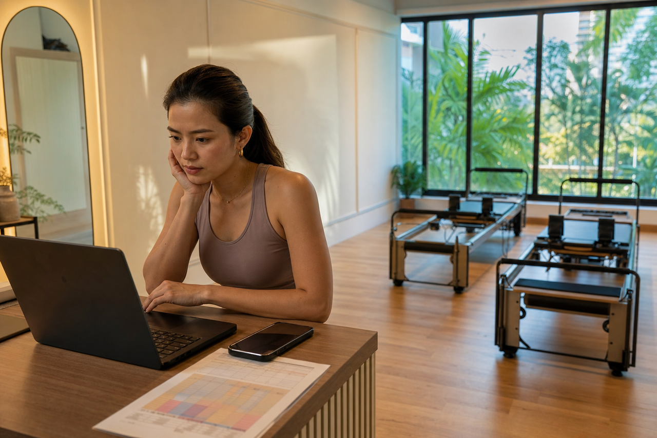 Boutique Pilates studio owner working alone at her reception desk in Kuala Lumpur, laptop open and a printed class schedule beside her, empty reformer machines behind