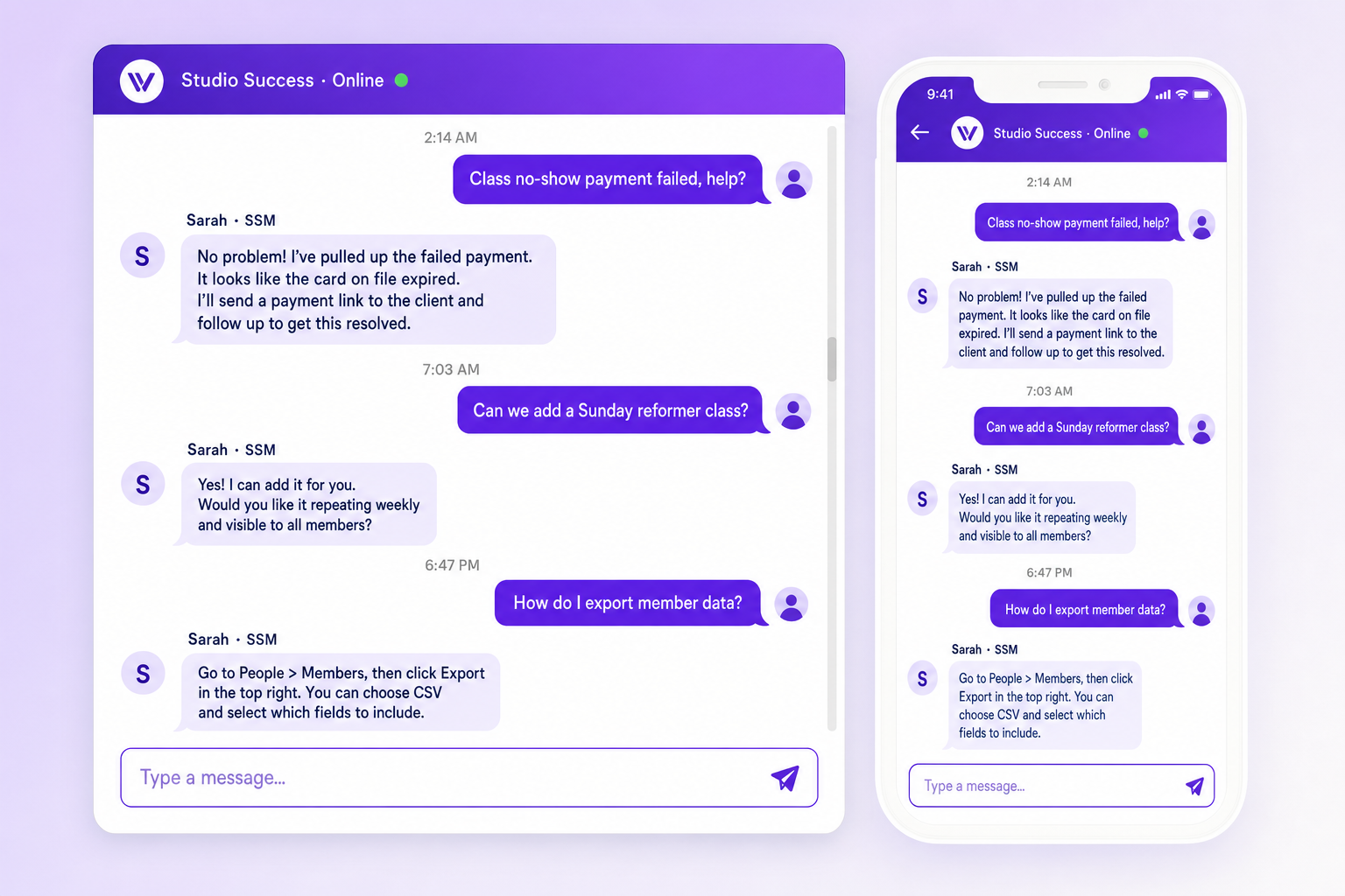 Vibefam Studio Success chat interface showing conversations at 2:14 AM, 7:03 AM, and 6:47 PM between a studio owner and a Studio Success Manager