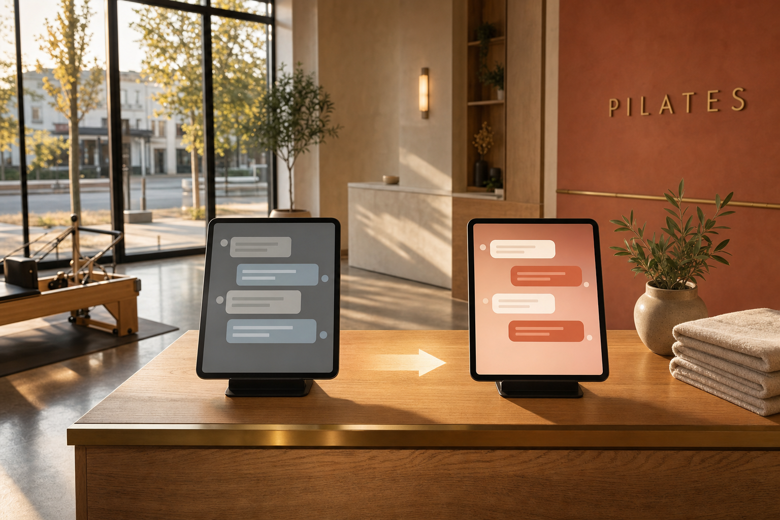 Boutique Pilates studio reception mid-platform-migration, with two tablets on the counter, the left showing a dated dusty-grey chat UI and the right a modern warm-terracotta chat UI, arrow between them, golden-hour light