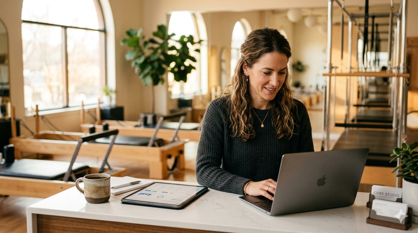 Boutique Pilates studio owner comparing software review sites on a laptop at her studio reception desk.