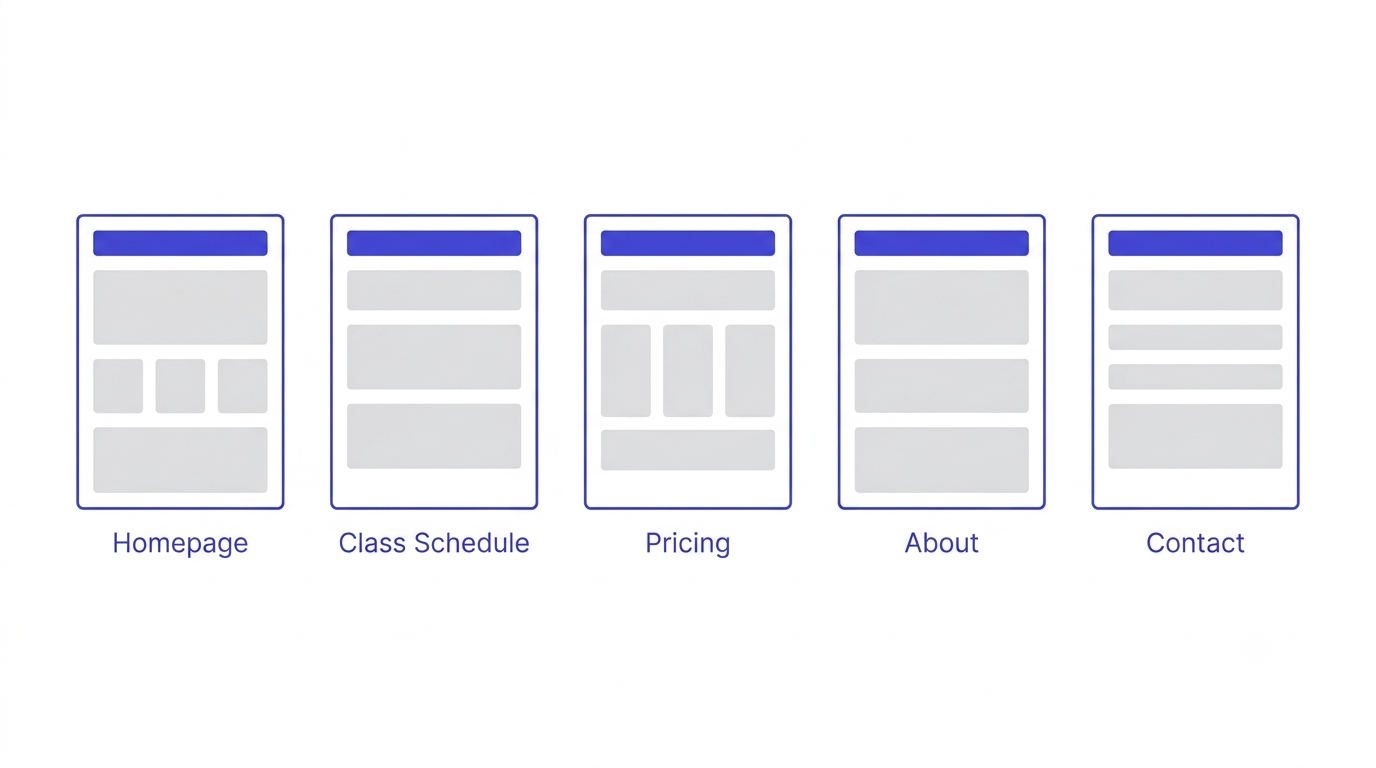 Wireframe diagram showing the five core pages a fitness studio website needs: homepage, class schedule, pricing, about, and contact.
