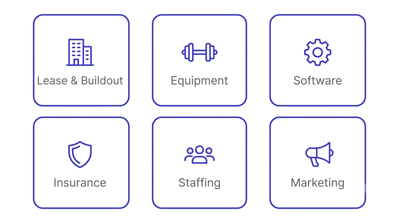 Diagram showing the six cost categories to budget for when opening a fitness studio: lease, equipment, software, insurance, staffing, and marketing.