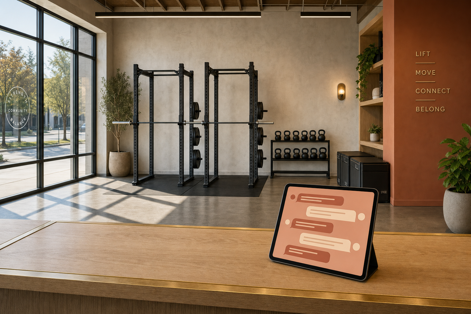 Boutique gym reception with squat racks, kettlebells, plyo boxes, and a tablet on the reception counter showing a stylized community discussion UI