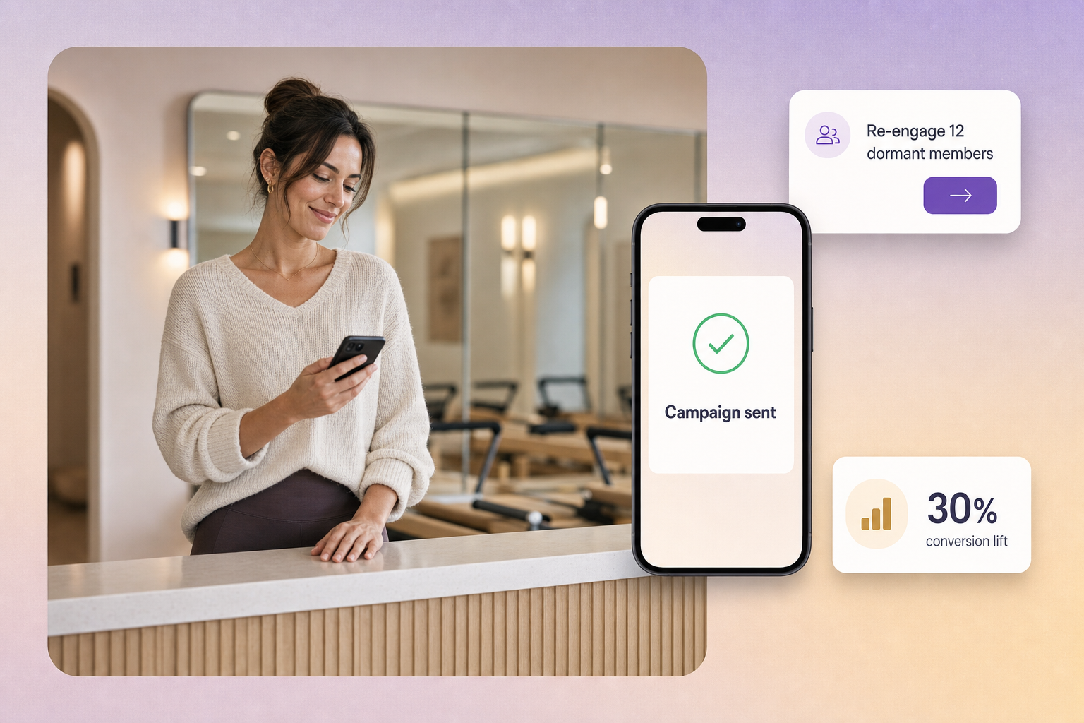 Boutique studio owner reviewing a marketing campaign success notification on her phone at a modern reception counter