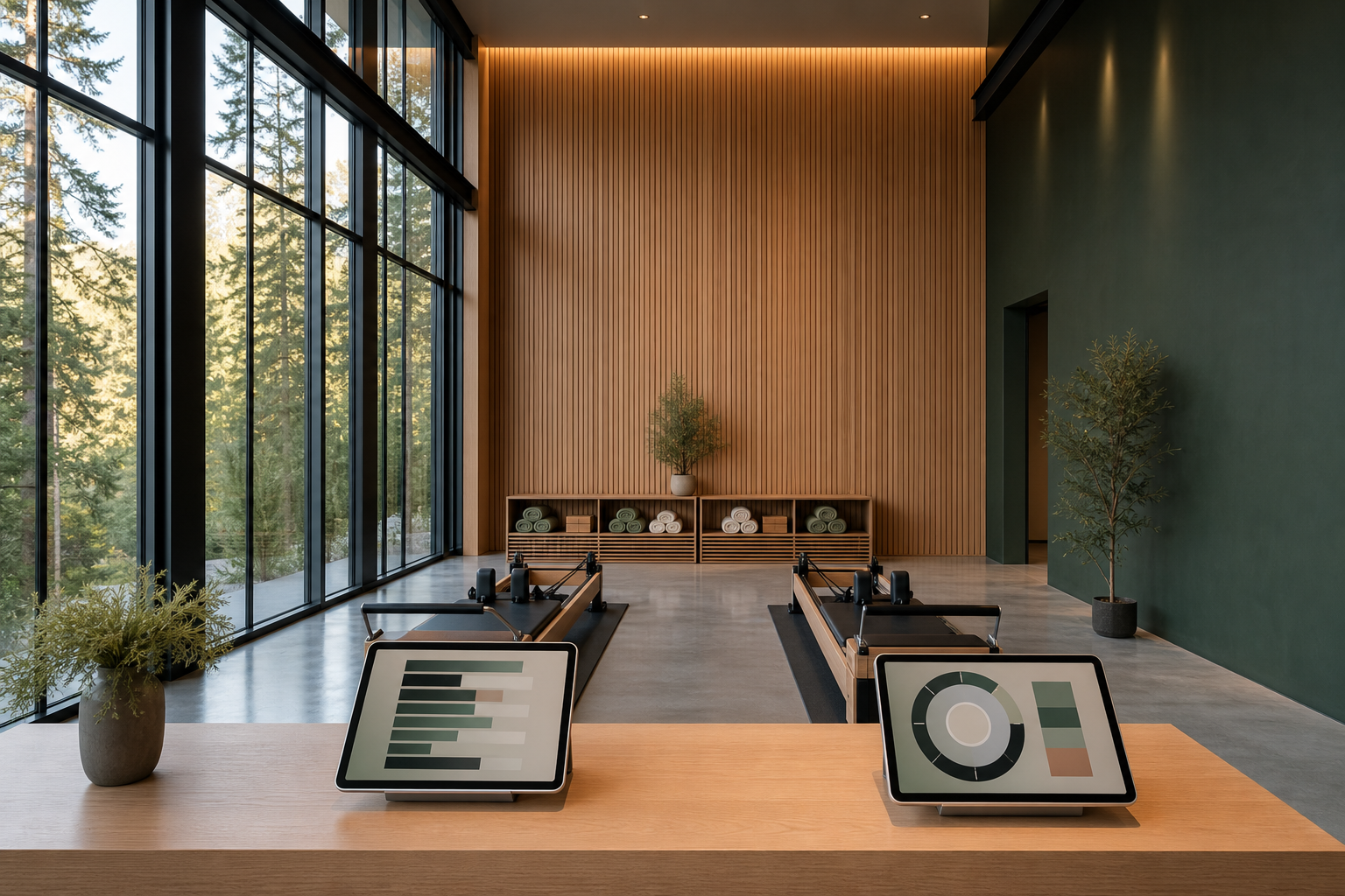 Photorealistic Pacific-Northwest modern boutique studio at golden hour with two parallel Reformer beds on polished concrete floors and two tablets on the reception counter showing different abstract dashboard interfaces. Cool late-afternoon light through floor-to-ceiling windows framing a forested view. No people present.
