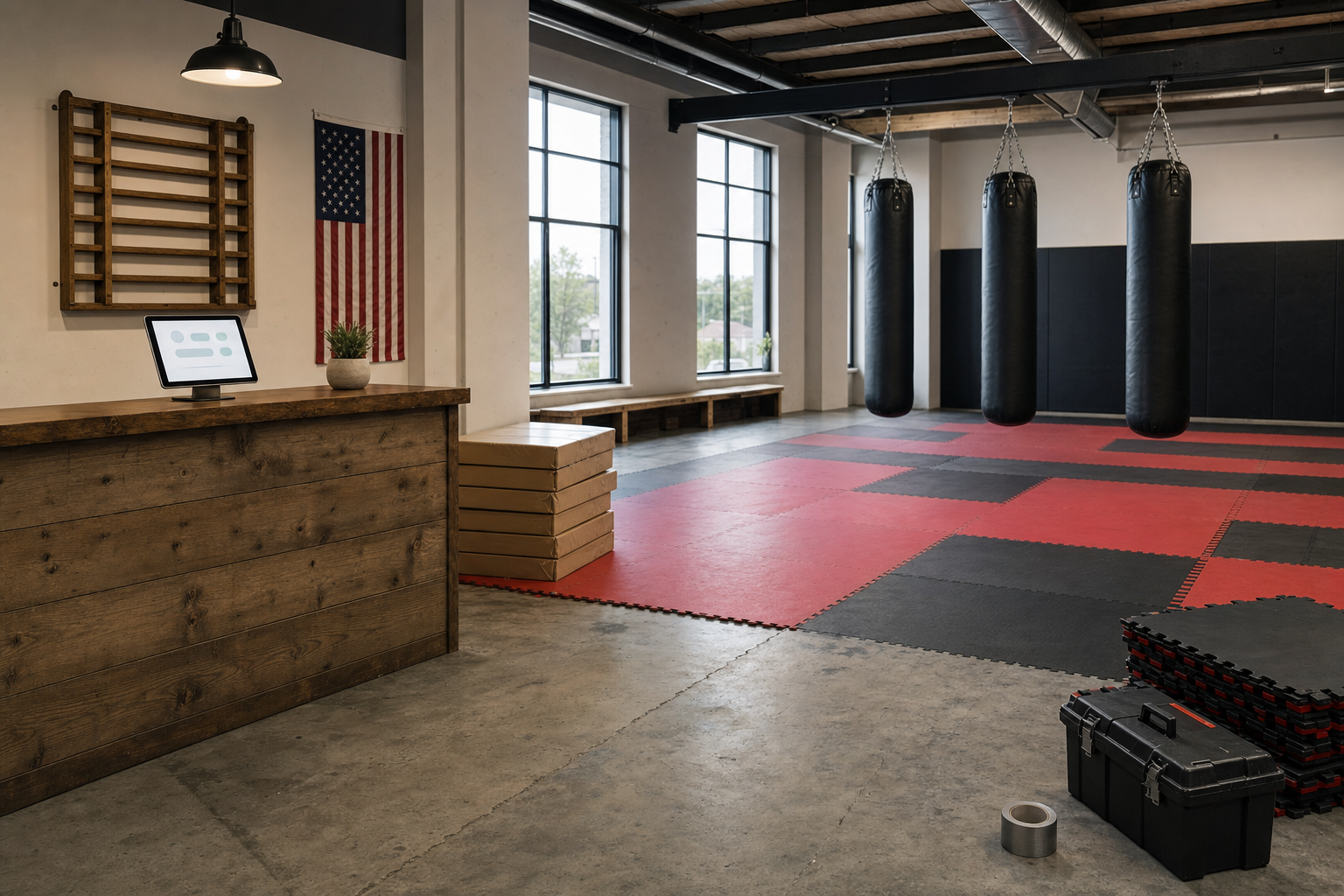 Modern boutique martial arts dojo reception with tablet showing a clean dashboard interface, natural overcast light, no humans