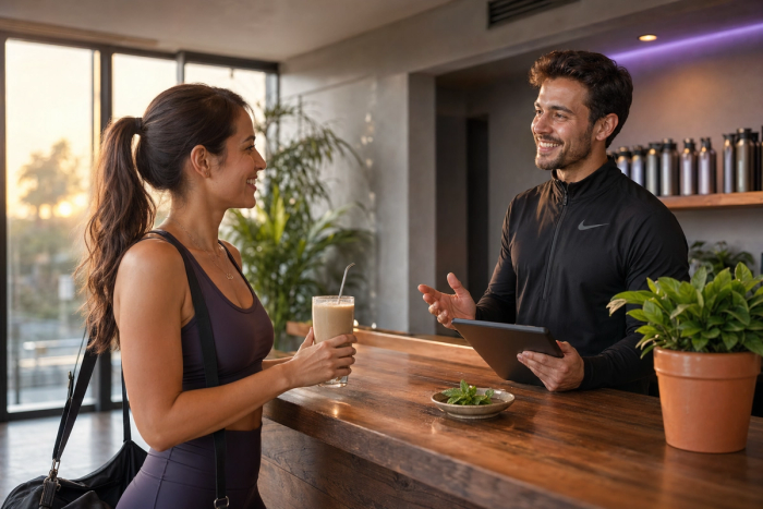Boutique fitness studio front desk: a member purchasing a protein shake while staff processes the transaction on a tablet, billed straight to the member account.
