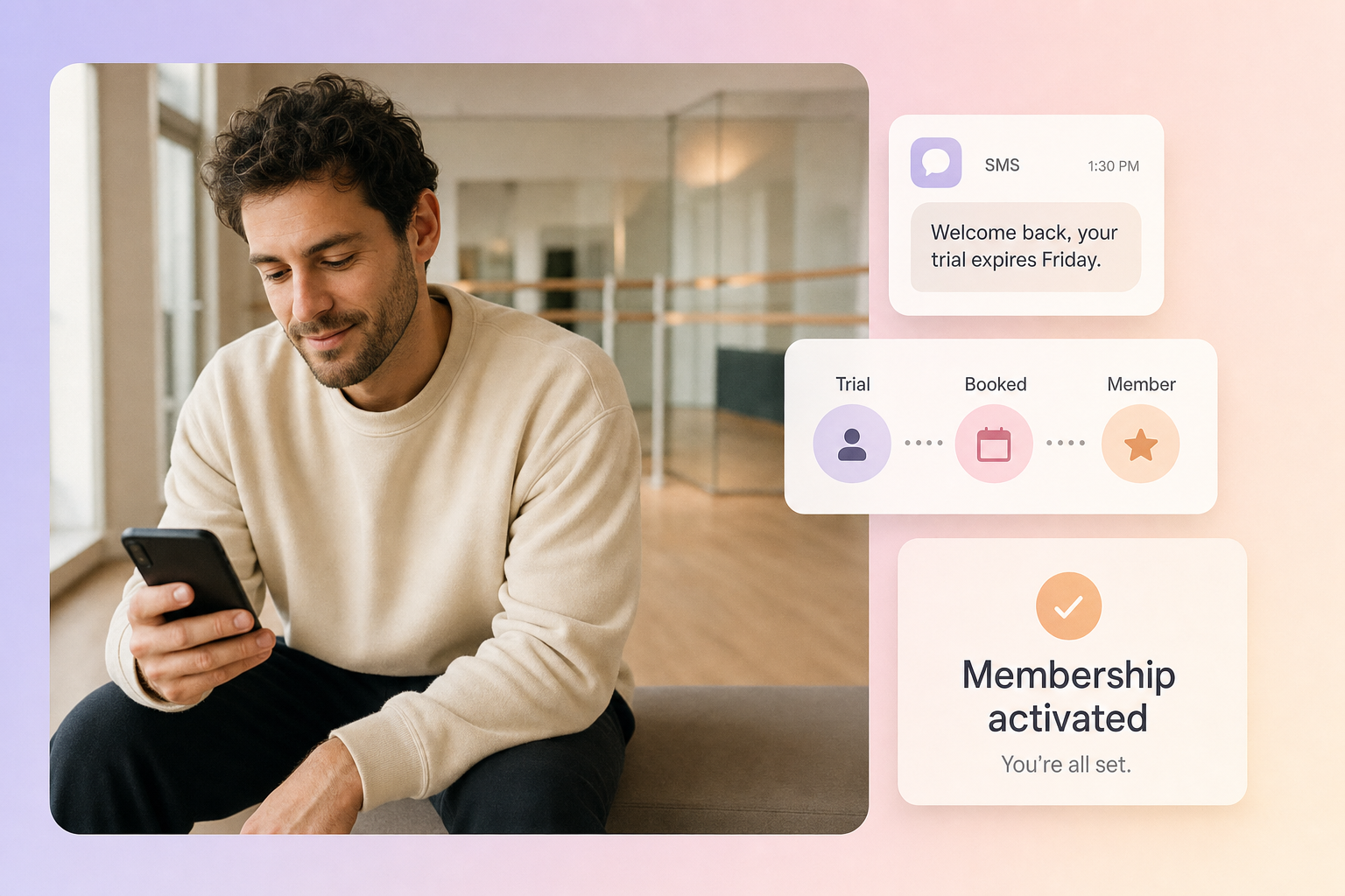 Barre member on phone with floating SMS nurture and conversion-funnel UI cards