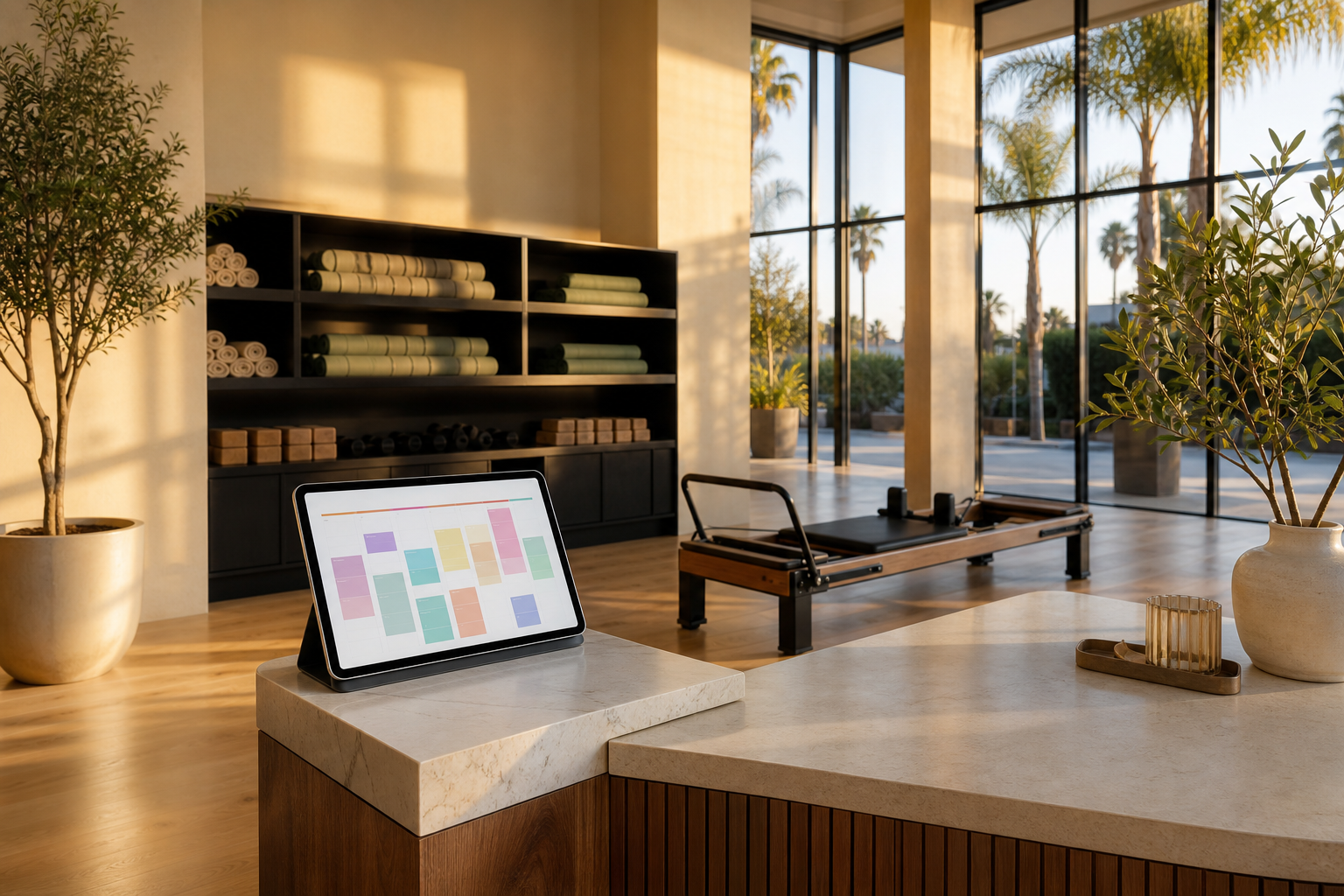 Photorealistic interior of a premium boutique fitness studio at golden hour with high ceilings, floor-to-ceiling windows, polished wood floors, a row of mats and Reformer beds in the background, and a tablet on the reception desk showing an abstract scheduling interface. No people in frame.
