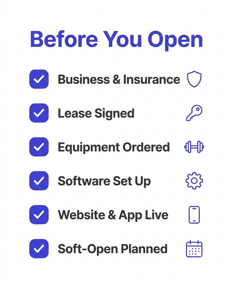 Checklist graphic showing key items to confirm before opening a fitness studio, including insurance, lease, equipment, and software.