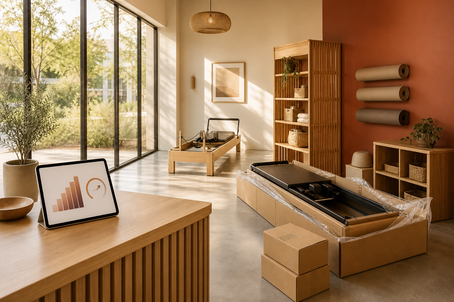 Photorealistic boutique fitness studio in the moment of growth transition with a second Reformer Pilates bed partially unwrapped beside an existing bed, mid-morning light through a tall window, warm cream walls with a single terracotta accent panel, a reception tablet on a wooden desk showing an abstract scheduling interface, no people present.