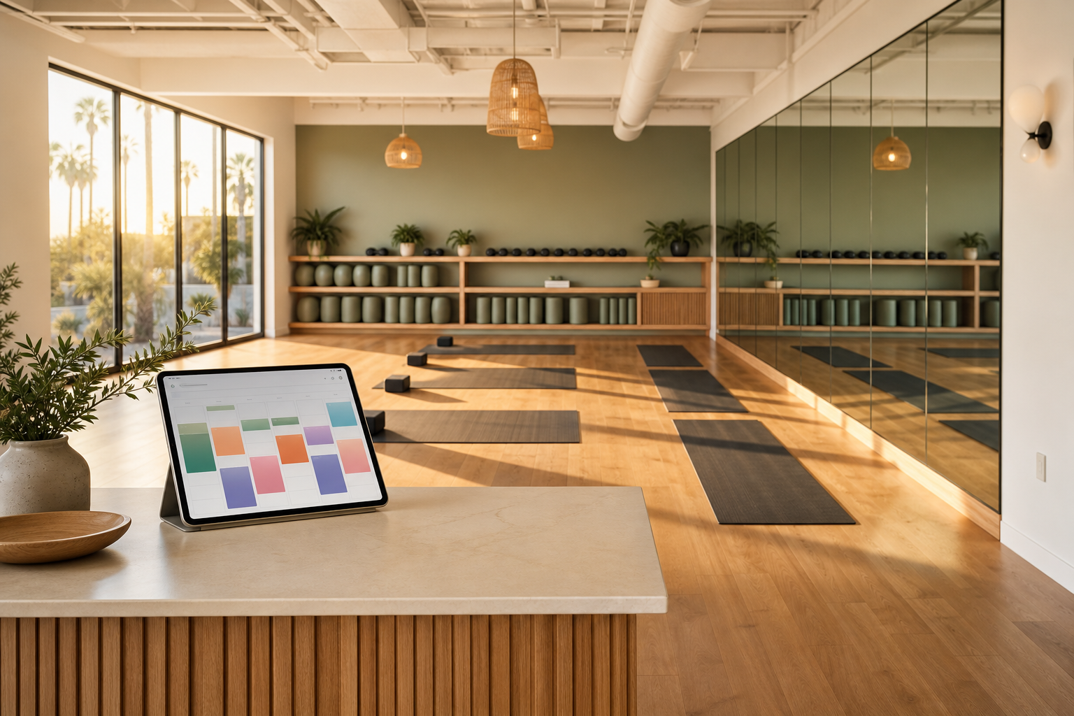 Modern US boutique fitness studio interior at golden hour with light wood floors, mirrored wall, a row of mats and small props, and a tablet on the front desk showing an abstract scheduling interface. No people present.