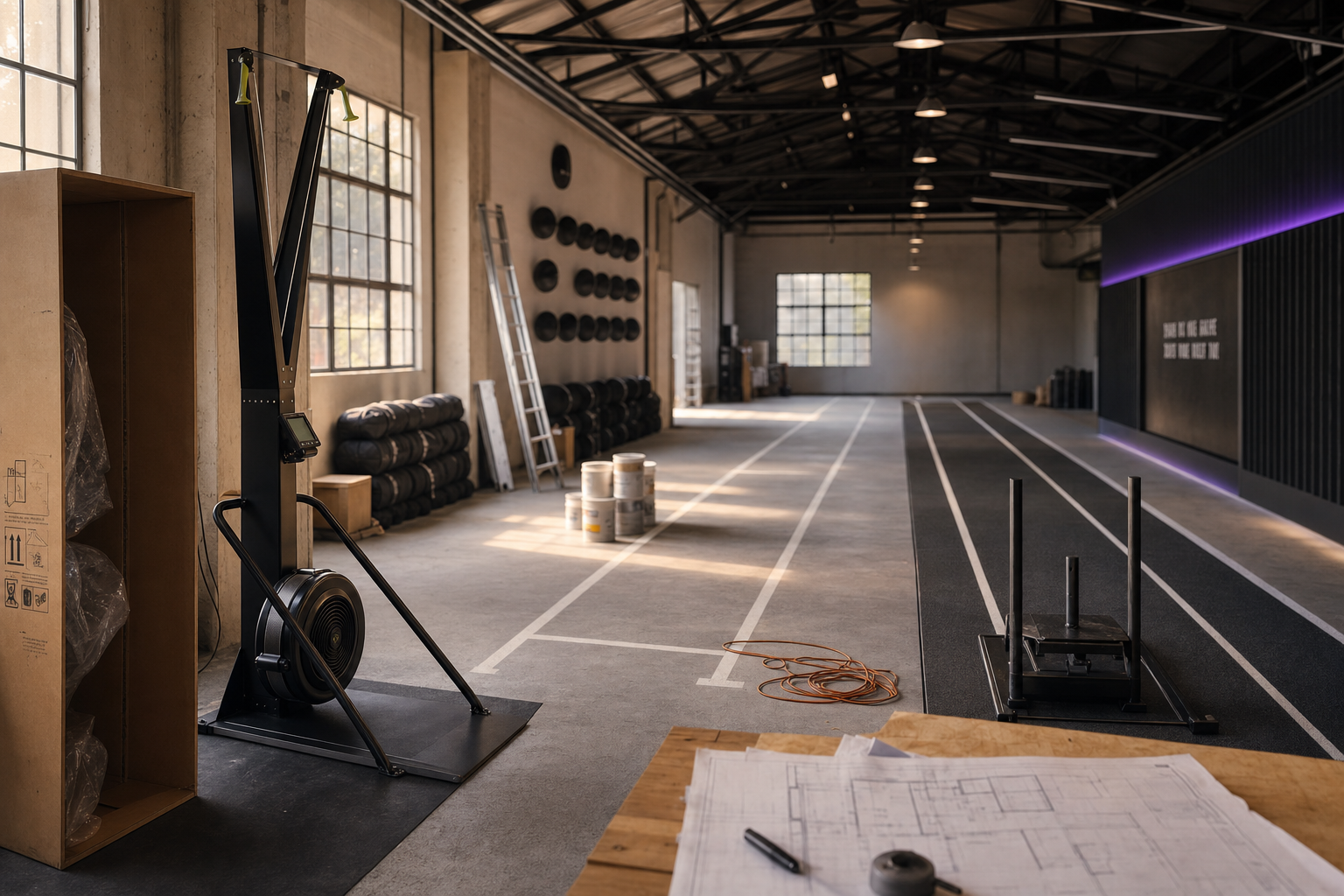 HYROX gym mid-renovation, pre-launch, sled track and SkiErg visible, no people