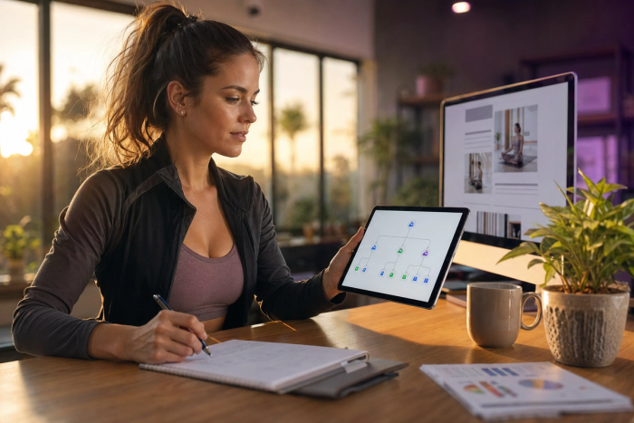 Boutique studio owner reviewing AI-powered marketing automation workflows on a tablet inside a sunlit modern studio.