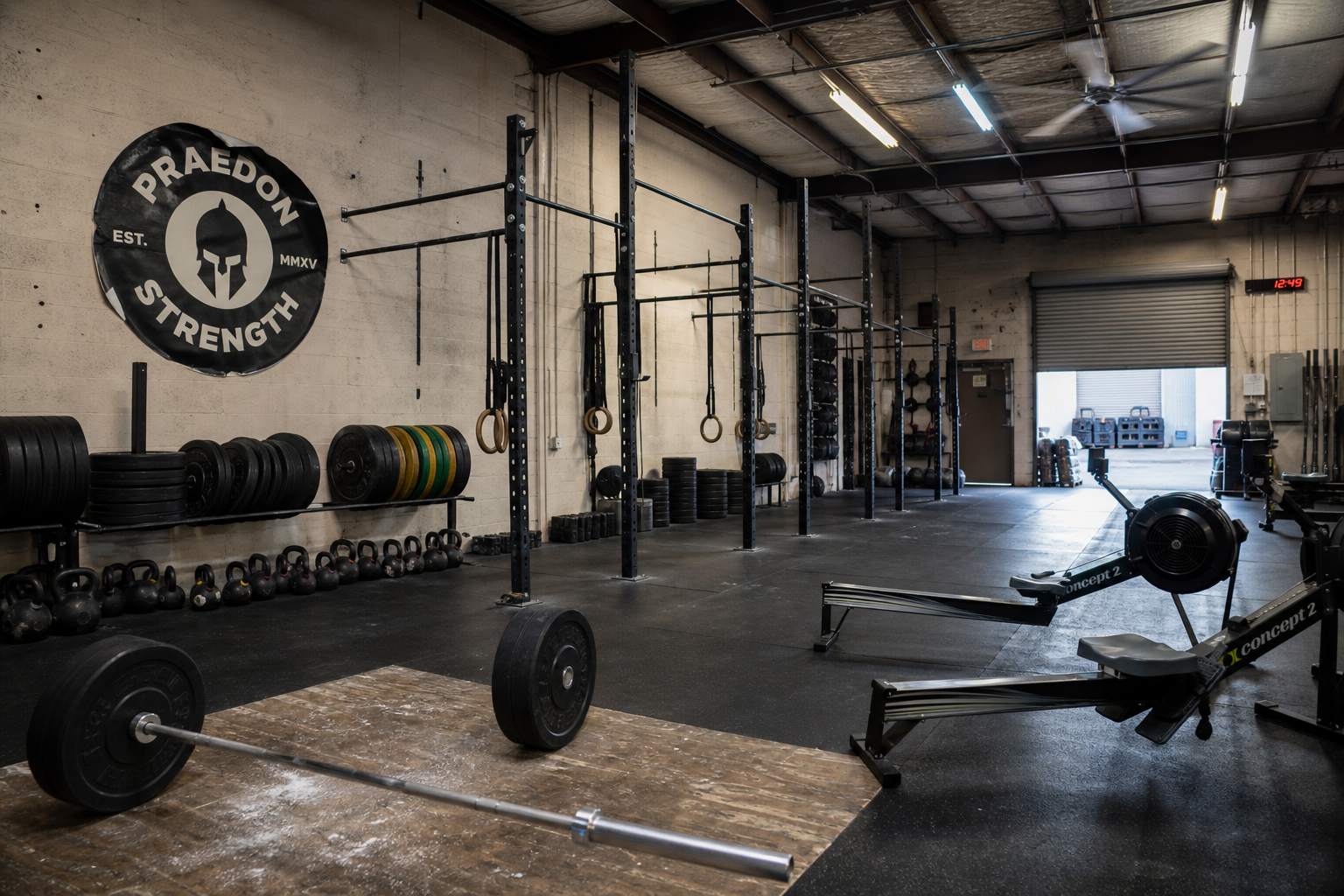 CrossFit affiliate gym interior with rig, kettlebells, bumper plates, and rowers in mid-day light