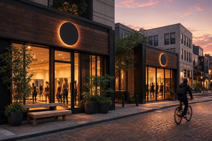 Two boutique fitness studio storefronts on the same street with the same generic brand signage, golden-hour urban setting.