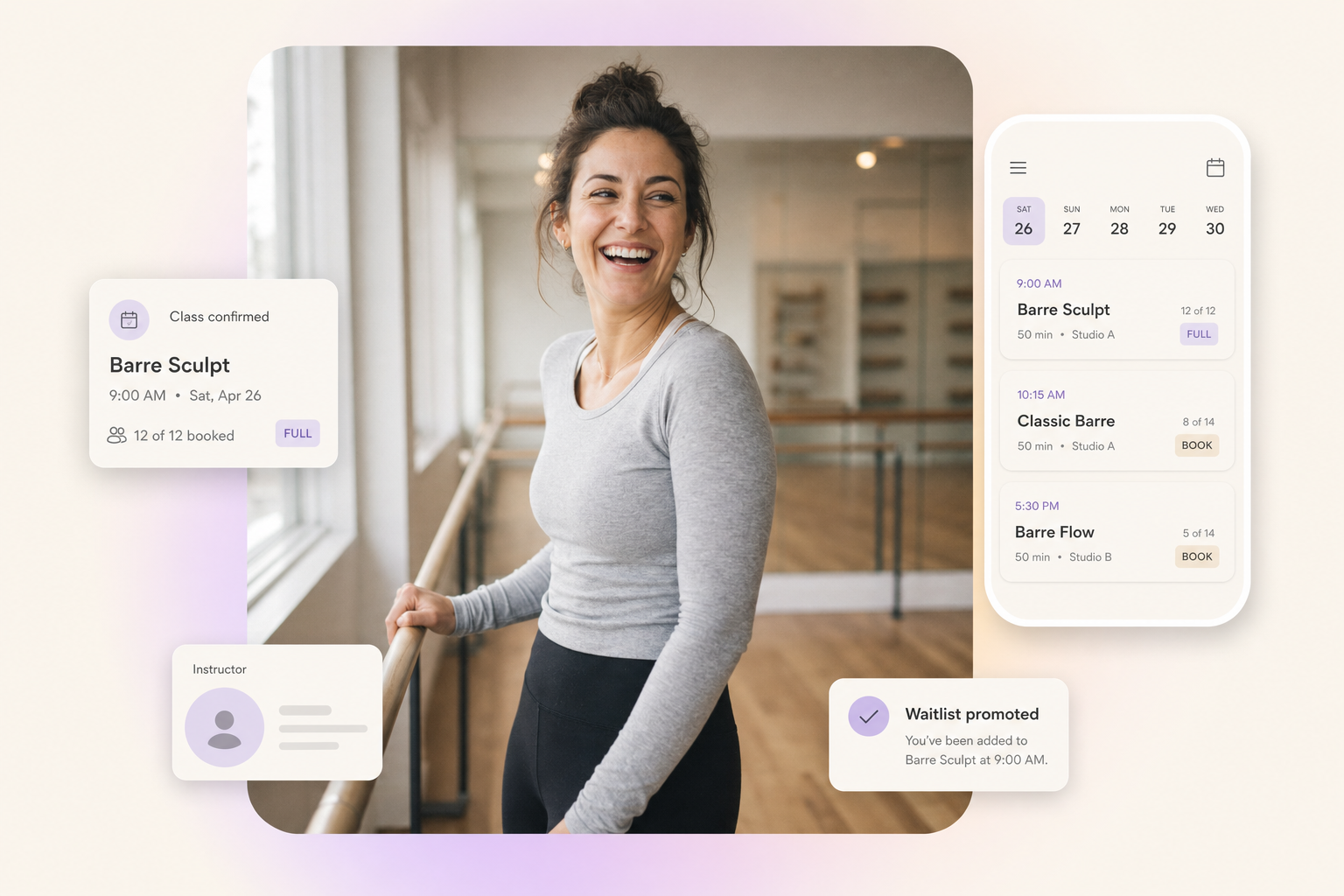 Barre studio owner at a barre rail with floating class-confirmation and waitlist UI cards