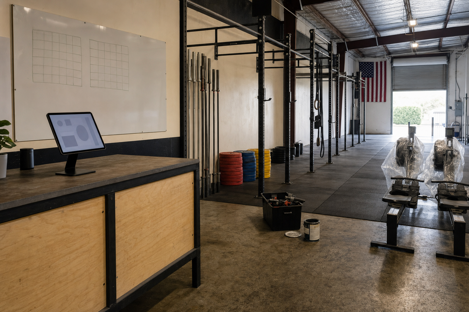 Modern boutique CrossFit gym front desk with tablet showing a clean dashboard interface, natural overcast light, no humans