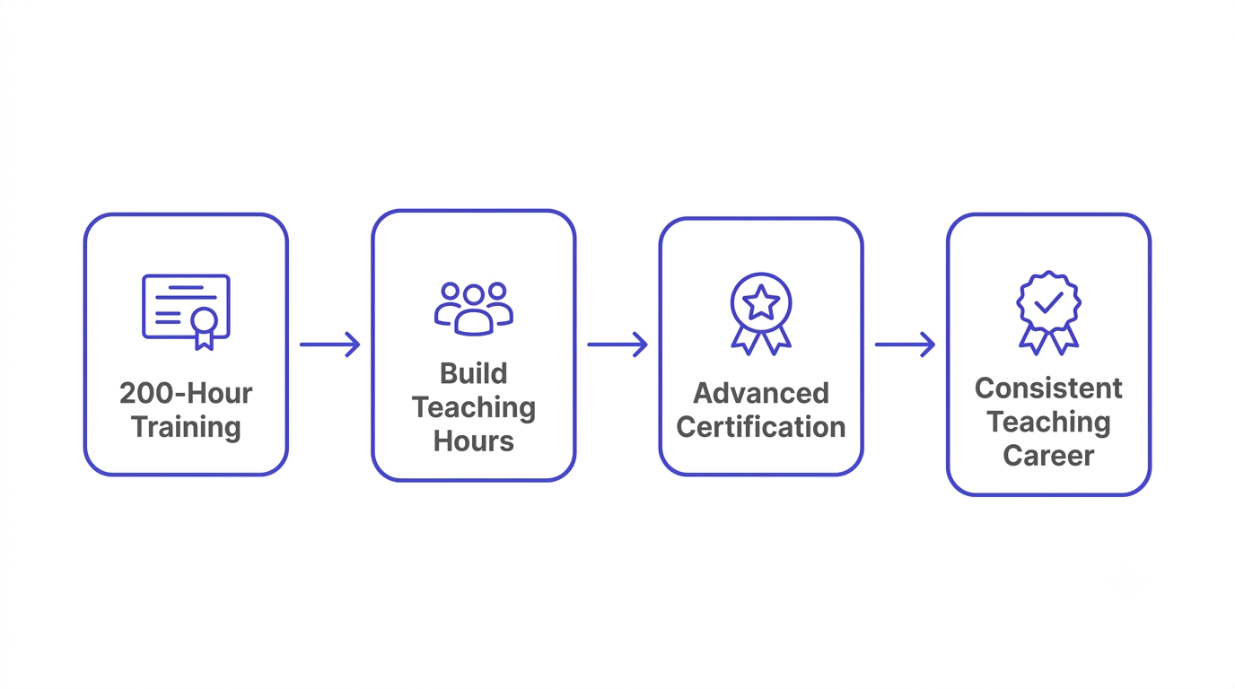 Flowchart showing the path to becoming a yoga instructor: 200-hour training, teaching experience, advanced certification, consistent teaching career.
