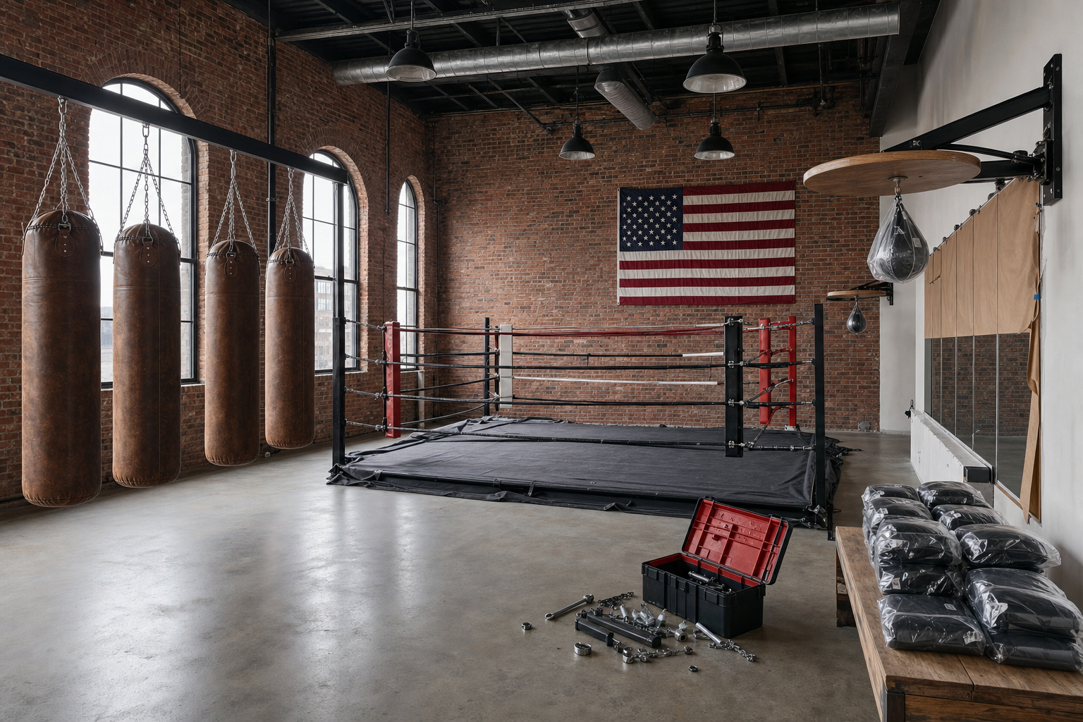 Empty urban boutique boxing gym under renovation in the US, with half-assembled regulation ring, heavy bags, and speed bag stations, no humans