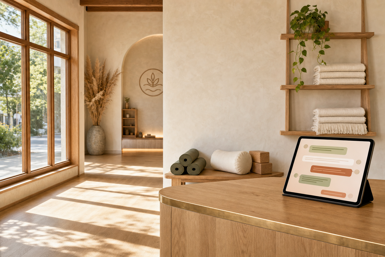 Serene boutique yoga studio with honey-oak floor, arched feature wall, pampas grass, sage rolled mats and blocks, and a tablet on the reception counter showing a stylized community discussion UI