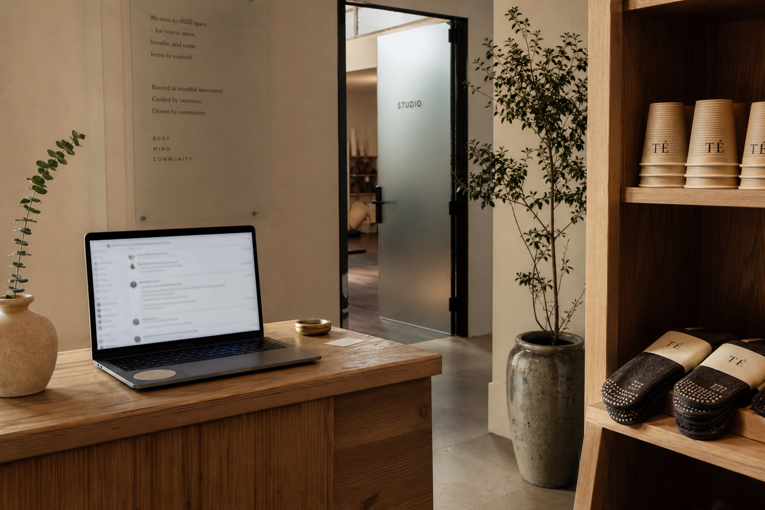 Premium boutique studio reception with minimalist wood aesthetic, branded retail display, and a laptop showing a blurred forum thread on a wooden counter