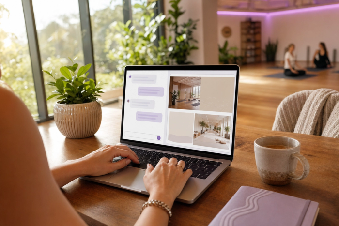 Boutique studio owner describing a dream studio website in a chat-style natural-language prompt while the Vibefam AI Website Builder generates a fully customized, integrated studio site preview on a laptop.