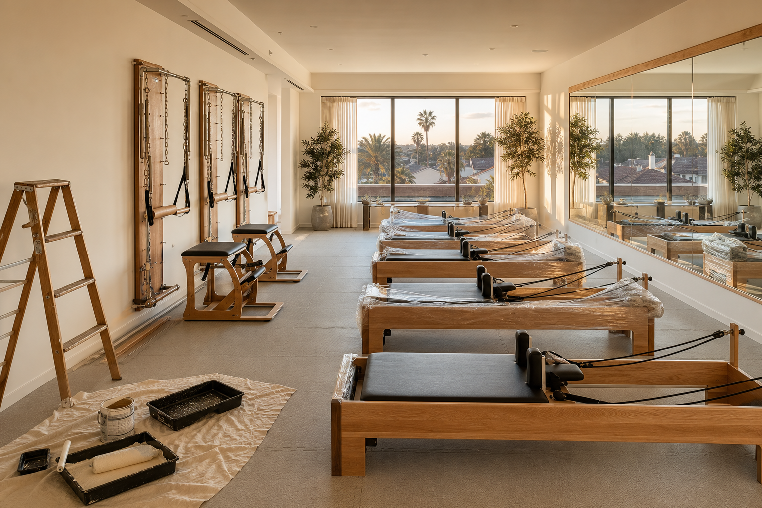 Boutique Pilates studio mid-renovation, pre-launch, Reformers and Towers arrayed with mirrored wall visible, no people