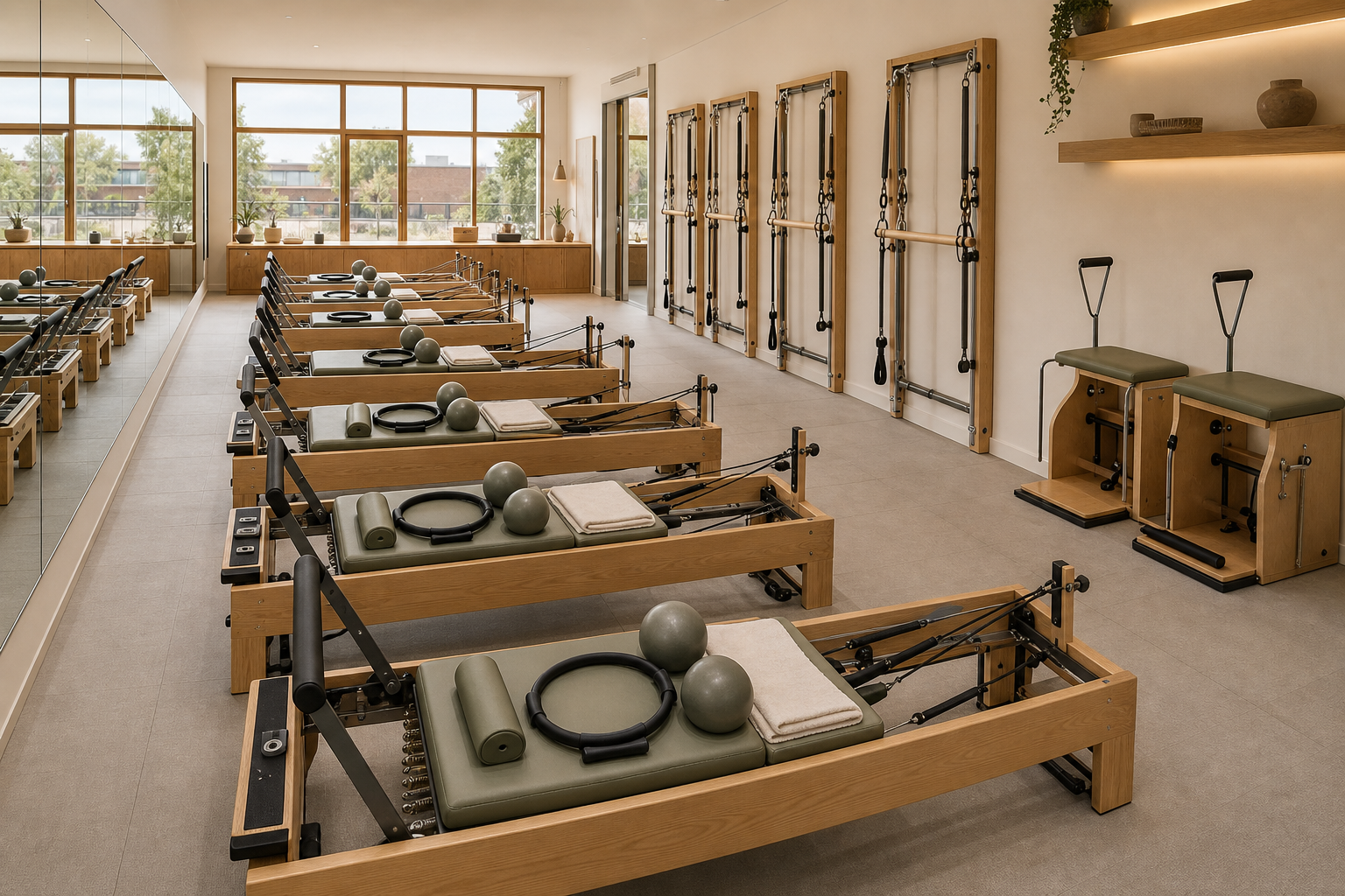Operational boutique Pilates studio, between classes, Reformers set up with props and towels, mirrored wall and Towers visible, no people