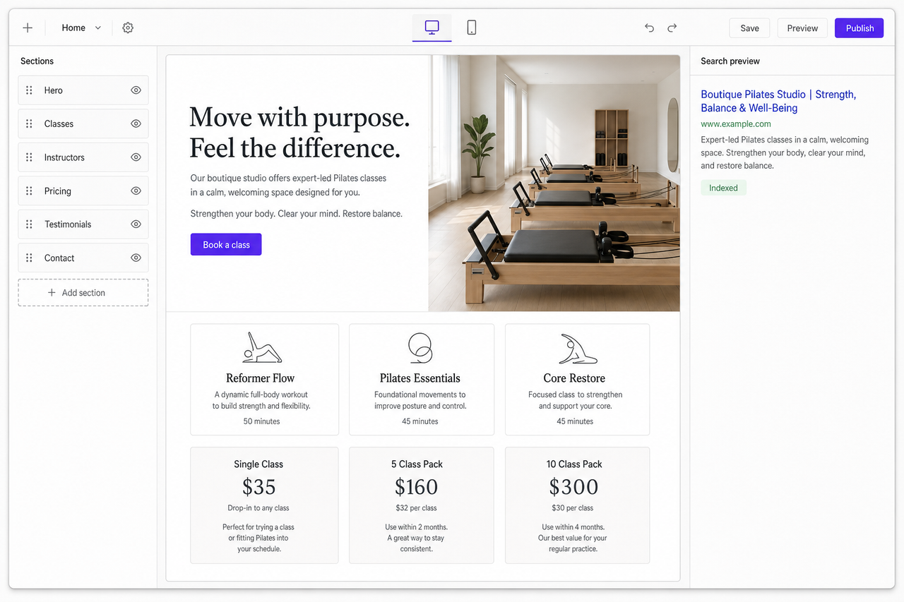 Vibefam website builder with a drag-and-drop section list, a boutique Pilates studio page on the canvas, and a search preview panel showing the page indexed with its title and description
