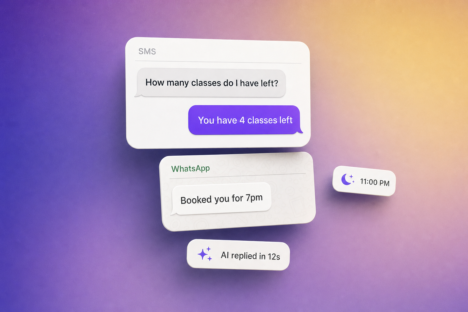 Vibe AI Customer Support Agent replying to a member on SMS at 11 PM