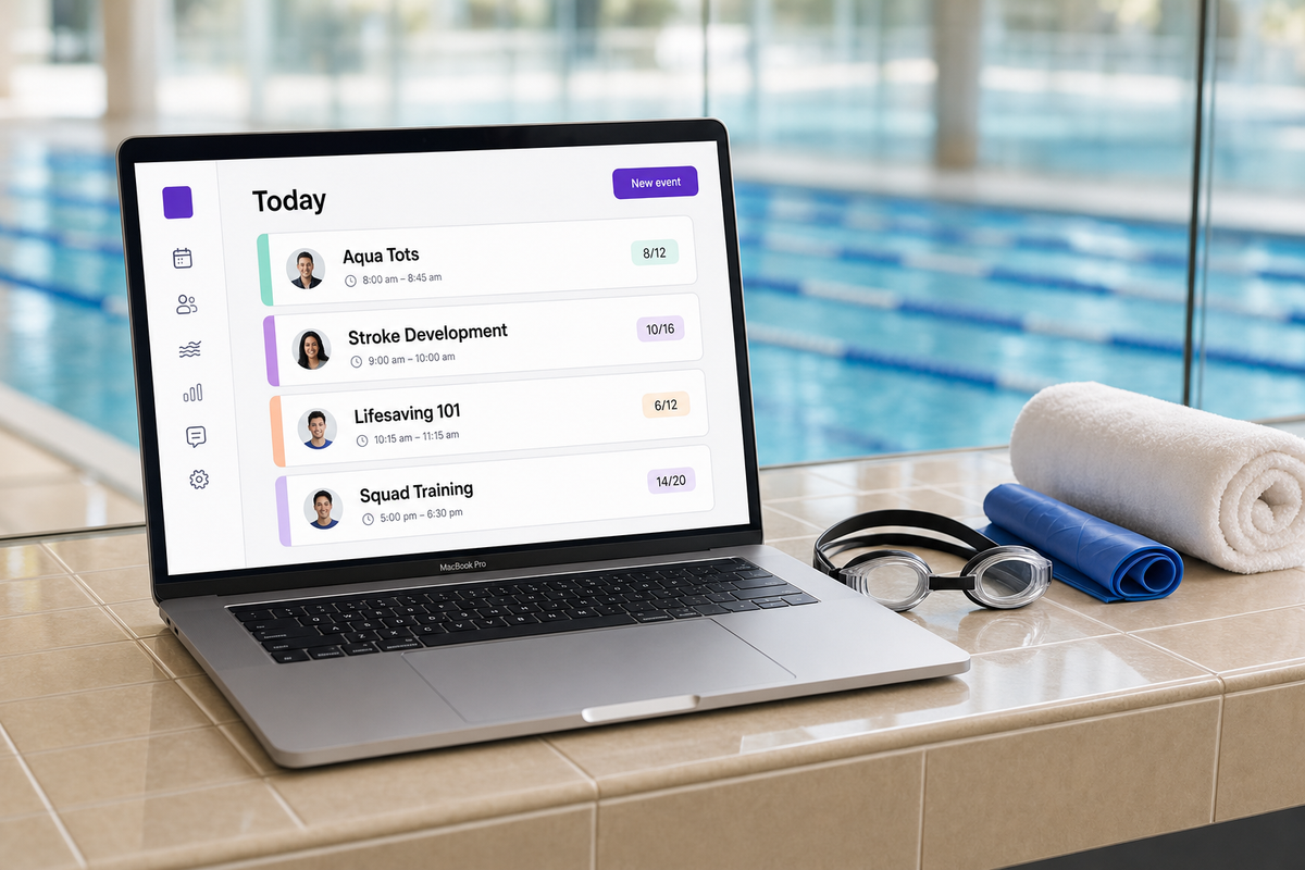 Eye-level view along a tiled poolside reception ledge with a MacBook displaying the Vibefam schedule (Aqua Tots, Stroke Development, Lifesaving 101, Squad Training) beside swim goggles, a silicone cap, and a rolled towel; a 25-metre pool with blue lane lines visible behind glass in soft focus.