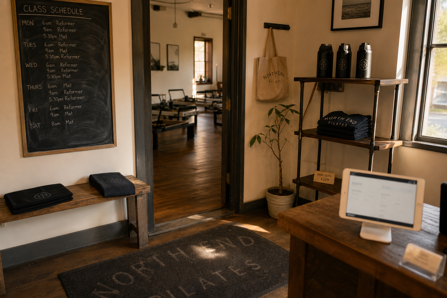 Lean single-location boutique studio with a simple front desk and small retail shelf in warm afternoon light
