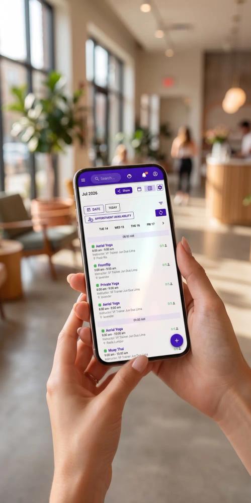 Studio member browsing the class schedule and booking an aerial yoga class in their studio's own branded mobile app, powered by Vibefam
