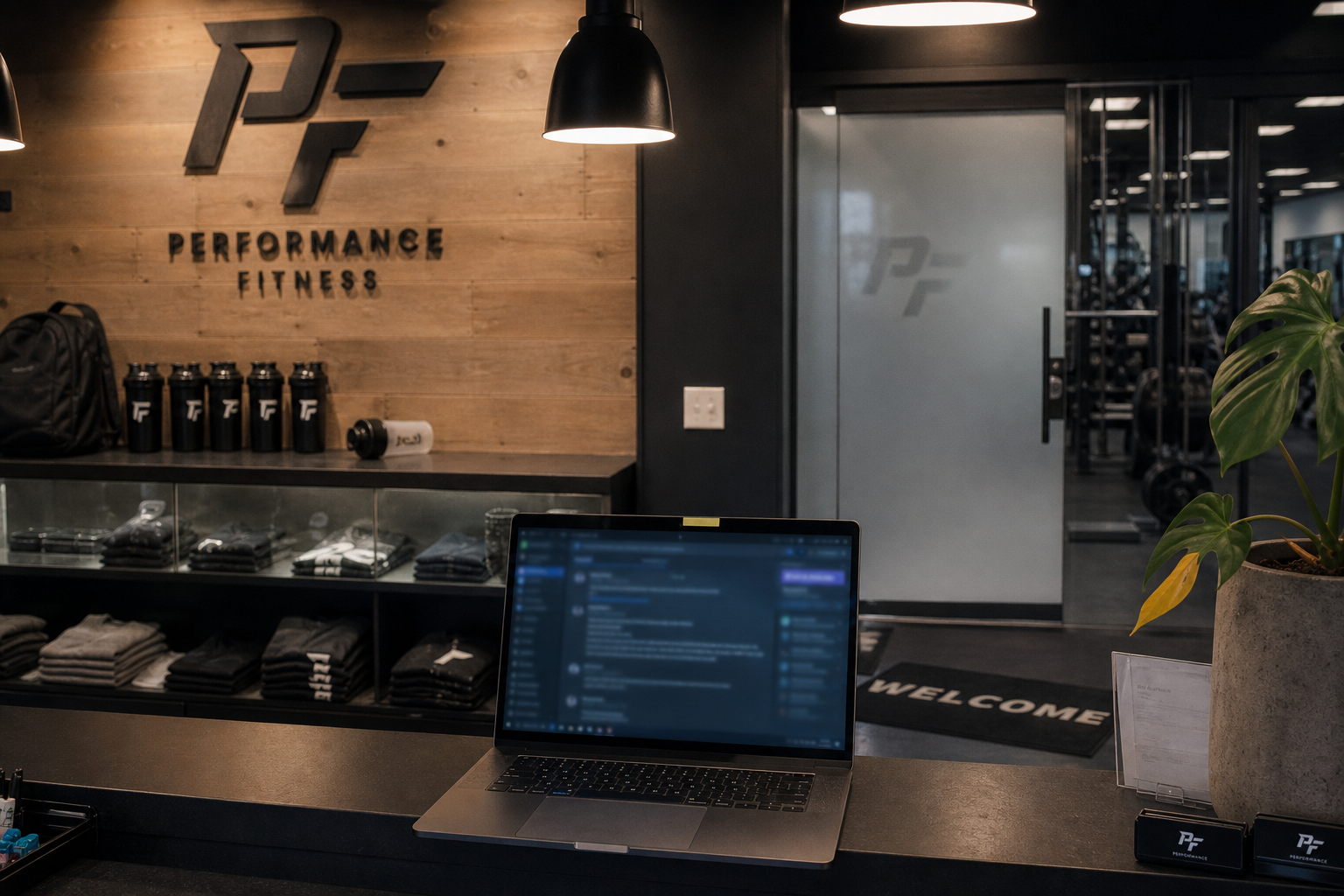 Franchise-style gym reception desk with branded retail display, frosted-glass studio door, and a laptop showing a blurred forum thread on the counter