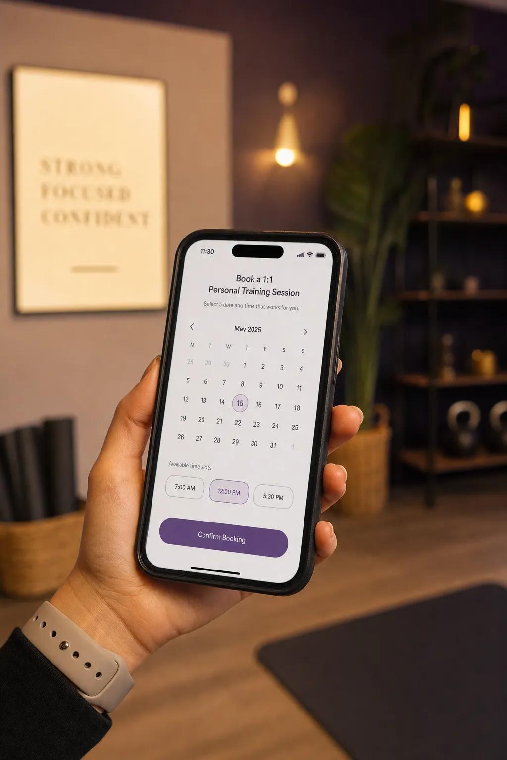 Studio member self-booking a 1:1 session from available slots in their branded Vibefam app