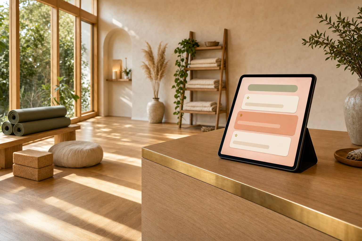 Serene boutique yoga studio reception with tablet on an oak-and-brass counter showing an abstract AI-answer UI with a query bar and three recommendation cards, rolled sage yoga mats and cork blocks in the background, warm morning light