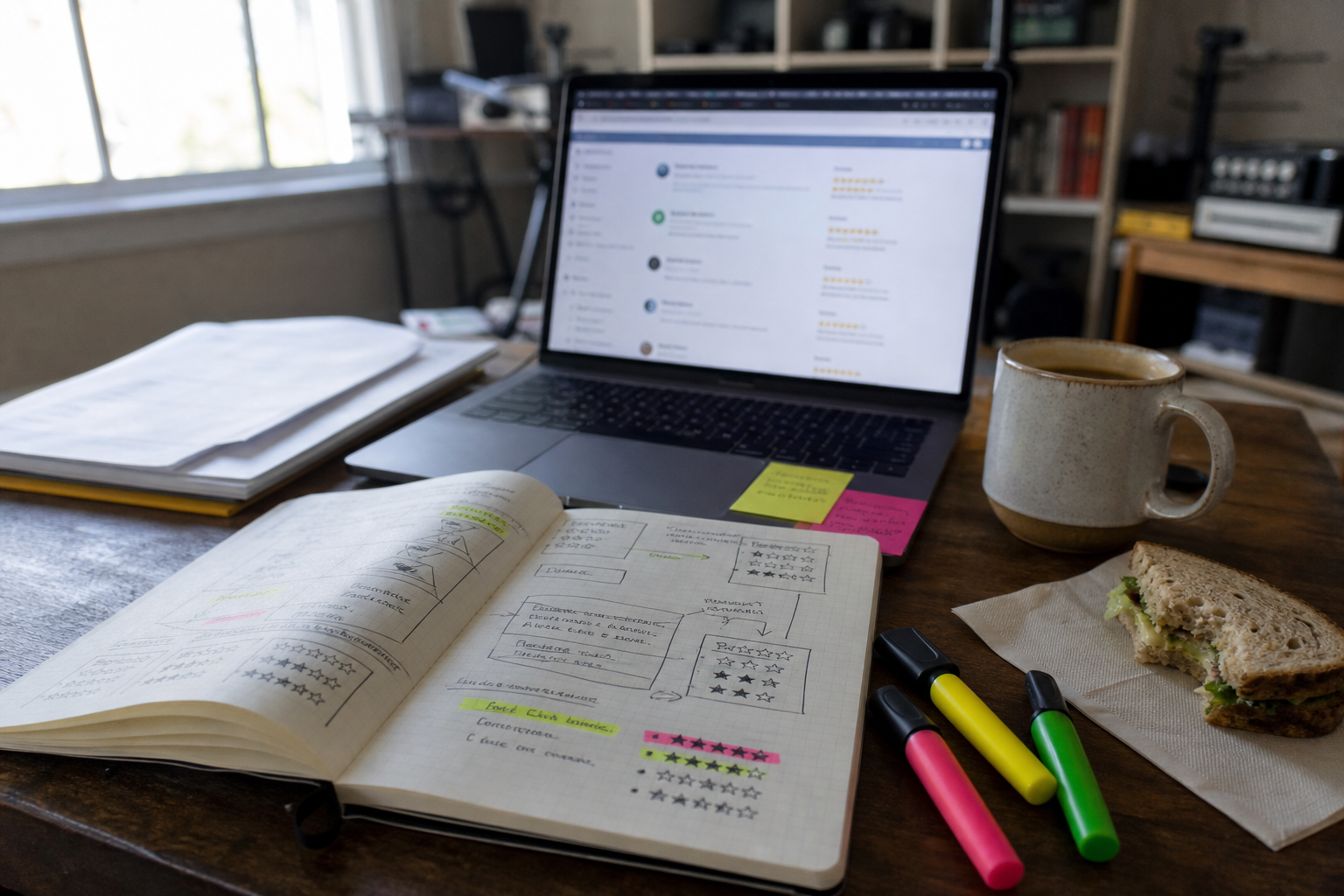Over-the-shoulder desk view of a hand-drawn software-comparison framework notebook beside a laptop