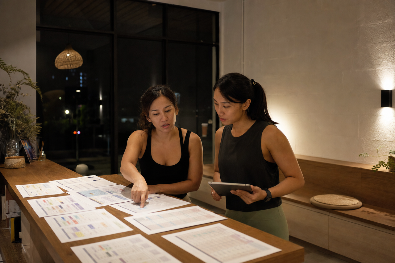 Studio owner and instructor working through printed class timetables spread across a reception counter late in the evening