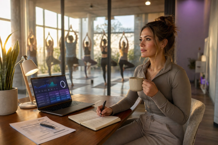Boutique studio owner reviewing leads on her laptop showing a lead management dashboard, sunlit studio background.